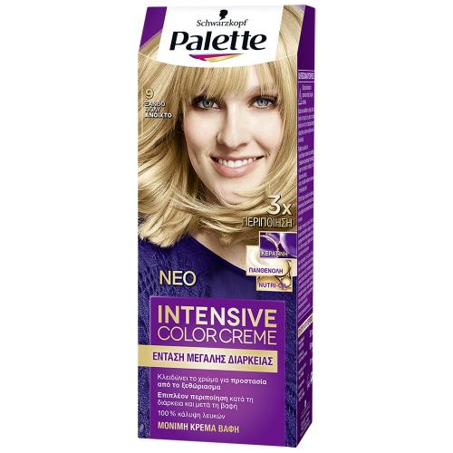 Schwarzkopf Palette Intensive Hair Color Creme Kit Μόνιμη Κρέμα Βαφή Μαλλιών για Έντονο Χρώμα Μεγάλης Διάρκειας & Περιποίηση 1 Τεμάχιο - 9 Ξανθό Πολύ Ανοιχτό